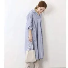 【美品】シンプリシテェ　スキッパー　シャツワンピース　ストライプ　コットン