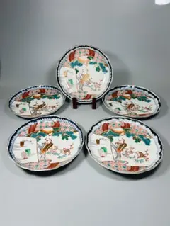 古伊万里　色絵　金襴手　松竹梅　鶴　輪花　七寸皿　5枚　21.5㎝　窓絵　帆舟