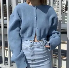 ★新品★レディース クロップド丈 カーディガン ブルー 冬服 SHAGGIE