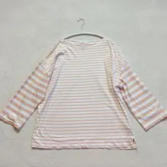 BEAUTY&YOUTH ピンク×ホワイトストライプ 7分袖カットソー