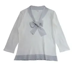 MAKELETカットソーMホワイトシルバーリボンフリル日本製春夏七分袖ニット