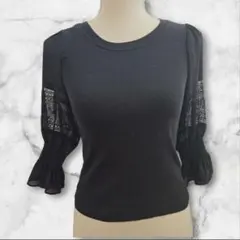 RETRO GIRL レトロガール 袖レースリブカットソー 黒 7分袖