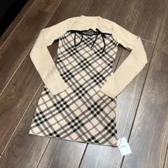 新品 チェック柄フロントオープンリボンニットミニワンピース ru1372