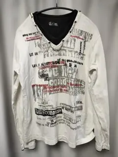 グラフィックプリント Vネック長袖カットソー