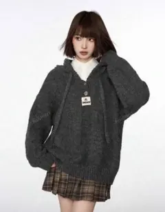 SHEIN シーイン オーバーサイズ フード付き ニット パーカー グレー