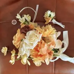 ウェディングブーケ リボンブーケ　ブートニアセット｜オレンジ　テラコッタ　前撮り