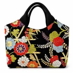 帯　トートバッグ　ハンドバッグ　1点物　和装　着物　浴衣　ハンドメイド　花柄　黒のサムネイル