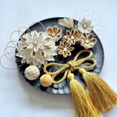 つまみ細工髪飾り 白 金 水引 タッセル 成人式 前撮り 和装 卒業式 結婚式