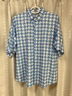 美品 BENDER 半袖シャツ M 青と白ハウンドトゥース スカイブルー