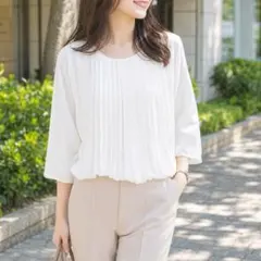 ESPRITMUR プリーツブラウス 白 M相当 七分袖 シフォン 上品