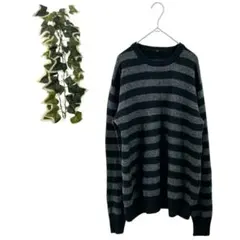 【L】 無印良品 ニット セーター ウール ボーダー ユニセックス 黒 グレー