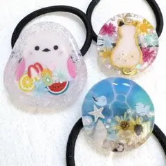 ③⑤レジンヘアゴム。3個セット。大きいシマエナガ。海塗り。猫。スターフラワー。