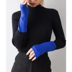 ボンジュールサガン　アンドハーフ　トップス　リブニット　ハイネック　配色　黒　青のサムネイル