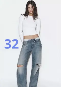 ZARA TRF 折り返しウエストミッドライズデニムパンツ 32 完売品　ブルー