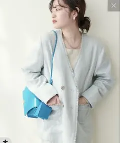 natural couture 金釦ツィードWブレストジャケット ライトブルー