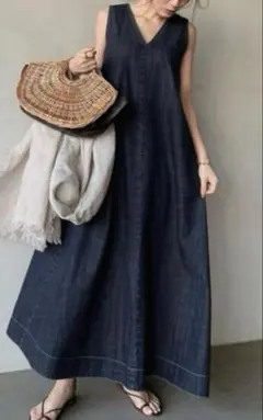 anuans デニムAラインノースリーブワンピース マキシ丈 美品