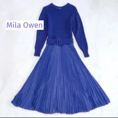 ミラオーウェン ニット ドッキング プリーツワンピース ベルト　紫 　秋冬　美品