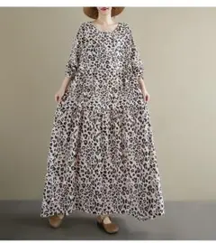 プリントワンピース 体型をカバー オシャレ プリント 長袖 丸襟 人気新作