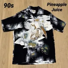 90s パイナップルジュース ハワイ製 アロハシャツ 和柄 レーヨン ブラックM