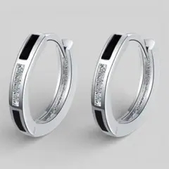 シルバー×ブラック　フープピアス　CZ ジルコニア　S925刻印【両耳セット】