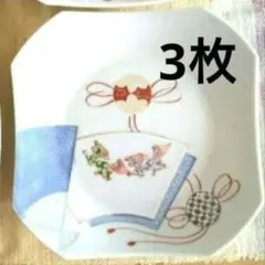 明治　大正　骨董品　伊万里　角皿　扇面色絵獅子うず潮　柏葉唐草吉祥　3枚セット