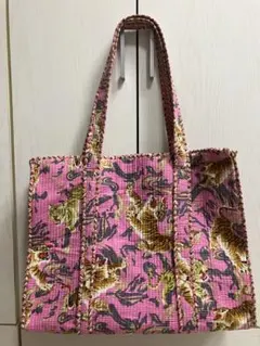 新！ブロックプリント 巾着バッグ⑤ 2way ハンドバッグ ショルダー