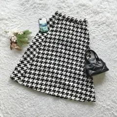 千鳥柄 台形スカート ウエストゴム 裏地付 白黒 M 美品 定番 カジュアル