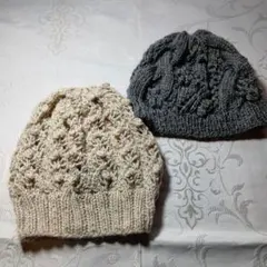 手編み帽子 アイボリー グレー 2点セットお値下