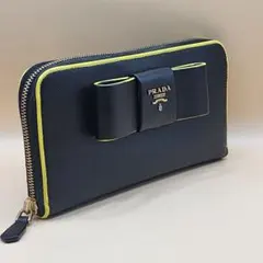 PRADA サフィアーノ リボン ラウンドファスナー 長財布 黒 イエロー