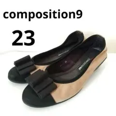 23 コンポジション パンプス リボン ベージュ 黒 バレエシューズ スエード