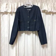 ZARA ノーカラークロップドジャケット S ダークブルー