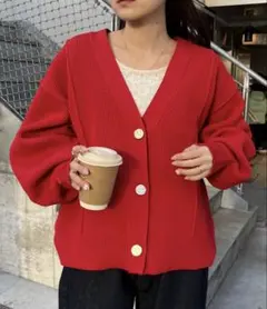 最終お値下げ！リブ編みVネックカーディガン レッド