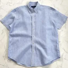 美品✨ラルフローレン リネン半袖ストライプボタンダウンシャツ Lブルーホワイト