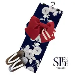 浴衣ジェンヌ 浴衣3点セット 作り帯 結び帯 紺地 猫 菊 レディース浴衣