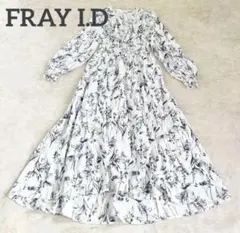 美品　フレイアイディー　花柄ロングワンピース 長袖 シャーリング ホワイト F