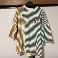 Y8342【ランバン】ボーダーTシャツ 刺繍ロゴ オーバーサイズ 半袖 緑 
