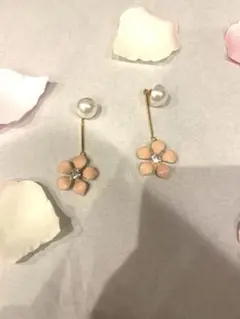 ハンドメイドピアス 手作りフラワーピンク花 ×パール