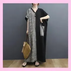 フリーサイズ ワンピース マキシ丈 バイカラー モノトーン 黒色白色 アジアン