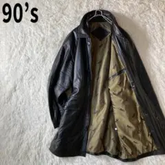 90s ビンテージ ロング レザーコート 羊革 裏地ゴールド 金 馬車 M