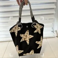 新品未使用　レオパード柄　ブラック　星柄　ハンドバッグ　ニットバッグ　ヒョウ柄