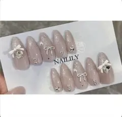 現品 即購入可 ネイルチップ ワンホン キラキラ リボン ガーリー 韓国