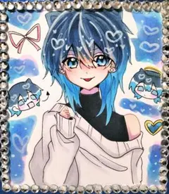 猫耳中性アナログ　ラインストーン　ラメ　オリジナル 手描き 色紙イラスト 萌え絵