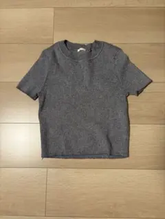 グレー 半袖ニット リブ編み ラメ入り