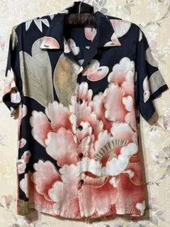 極美品 パゴン アロハシャツ シルク 浮世絵 京友禅 和柄 ヴィンテージ M 黒 和柄 京友禅アロハシャツ ＜千羽鶴/赤黒＞ | 京友禅アロハシャツ