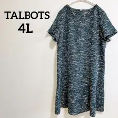 TALBOTS【4L】半袖 ワンピース ツイード グリーン 低身長向け 大きめ