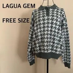 LAGUA GEM 千鳥柄襟付きニットトップス 長袖 ハーフボタン グリーン