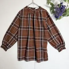 薄手/夏秋服✨【DRESKIP】 長袖ブラウス L 茶 チェック柄 パフスリーブのサムネイル