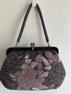 ビーズ ハンドバッグ 和装バッグ パーティーバッグ 紫 花柄 がま口 美品