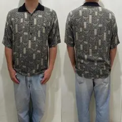 イタリア製　総柄ポロシャツ　ヴィスコース　レーヨン　アート柄　ヴィンテージ　L