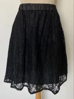 総レースフレアスカート綺麗め大人カジュアルオフィス仕事着黒S 膝丈上品